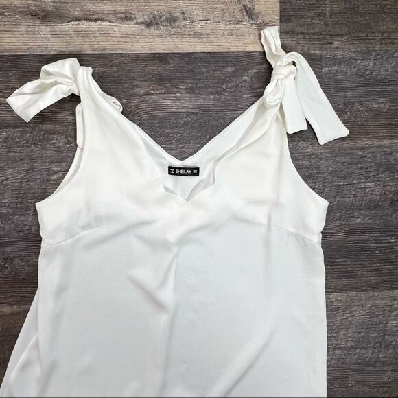 Sheilay White V-neck sleeveless shift dress ties at shoulders size medium M B123 - Picture 3 of 4